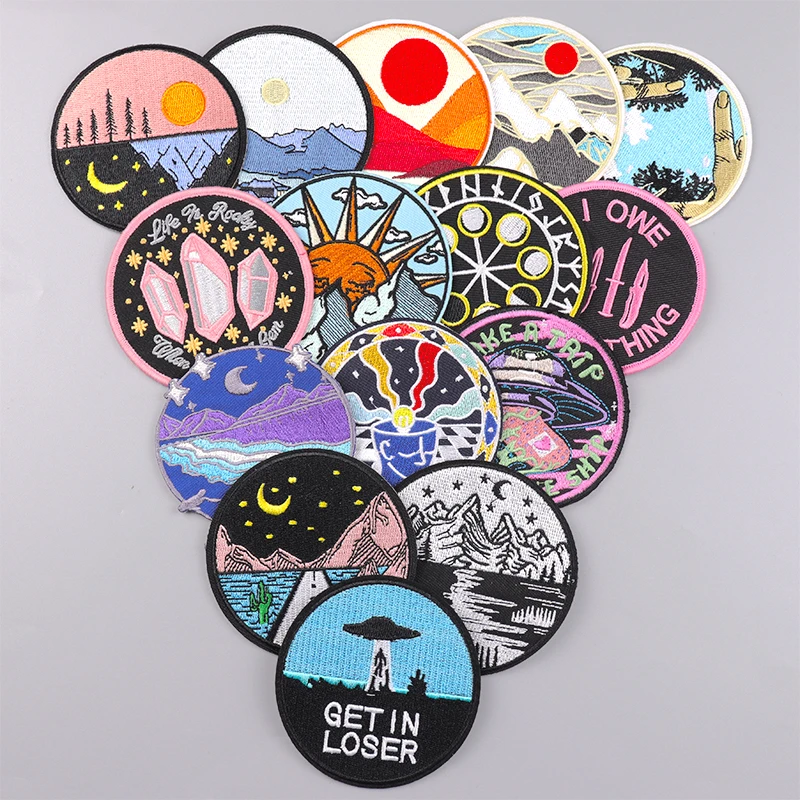 

Outdoor Applique DIY Iron On Patches On Clothes Round Landscape Embroidered Patches For Clothing Sticker Sewing/Fusible Applique