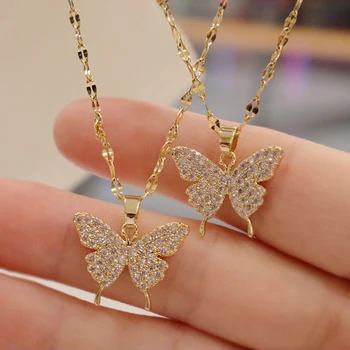 Fashion Shining Zircon Butterfly Pendant Necklace Women Elegant Ins Style Chain Jewelry Party Cocktail Accessories Gifts 1
