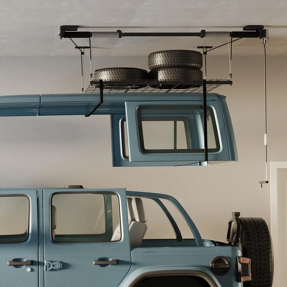Overhead Garage Lifting Storage Rack, 4x4 Ft Heavy-Duty Metal Garage Ceiling Rack,300lbs Weight, Black 4