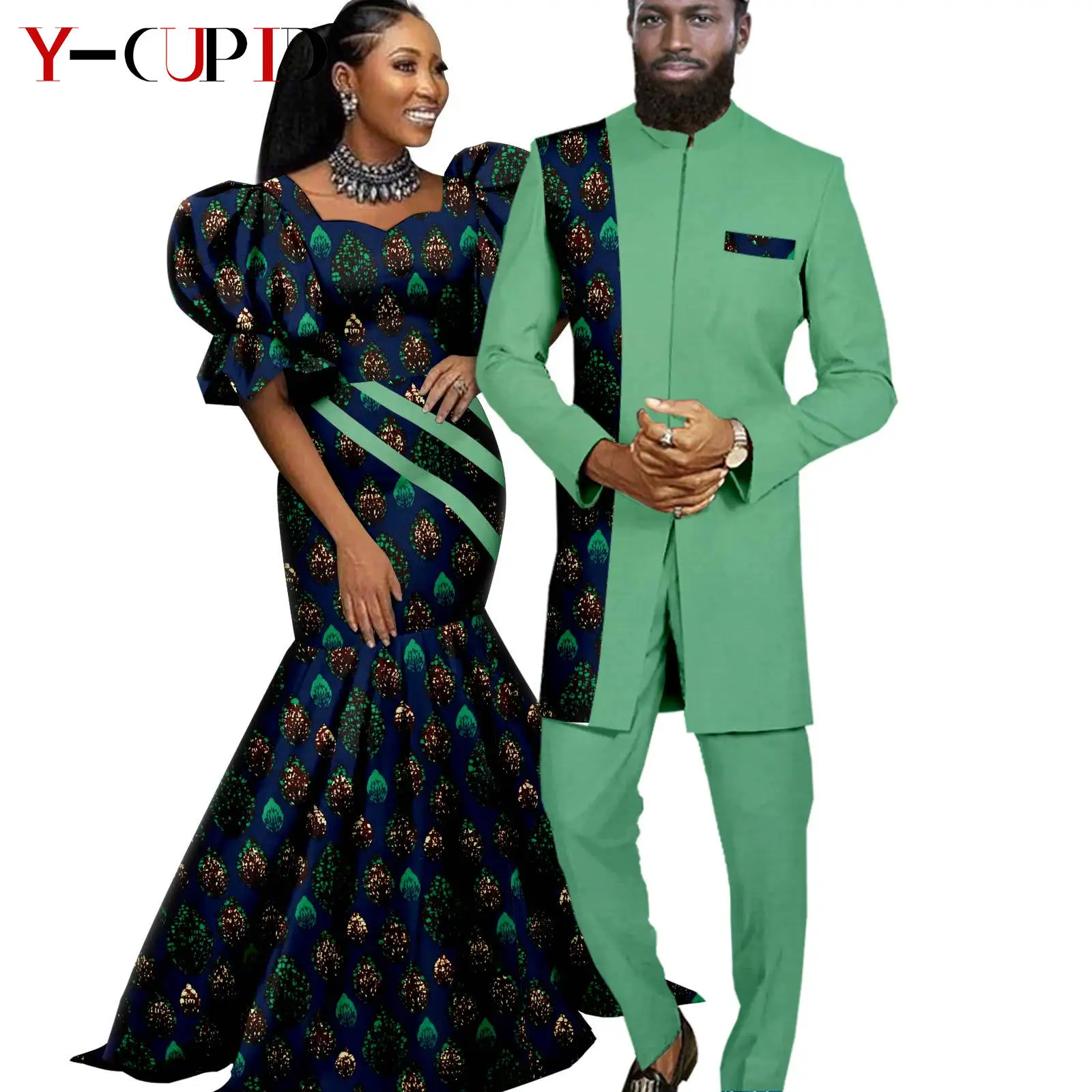 Dashiki Couple Outfit Set – Women’s African Dress with Men’s Bazin Riche Top and Pants main image 1