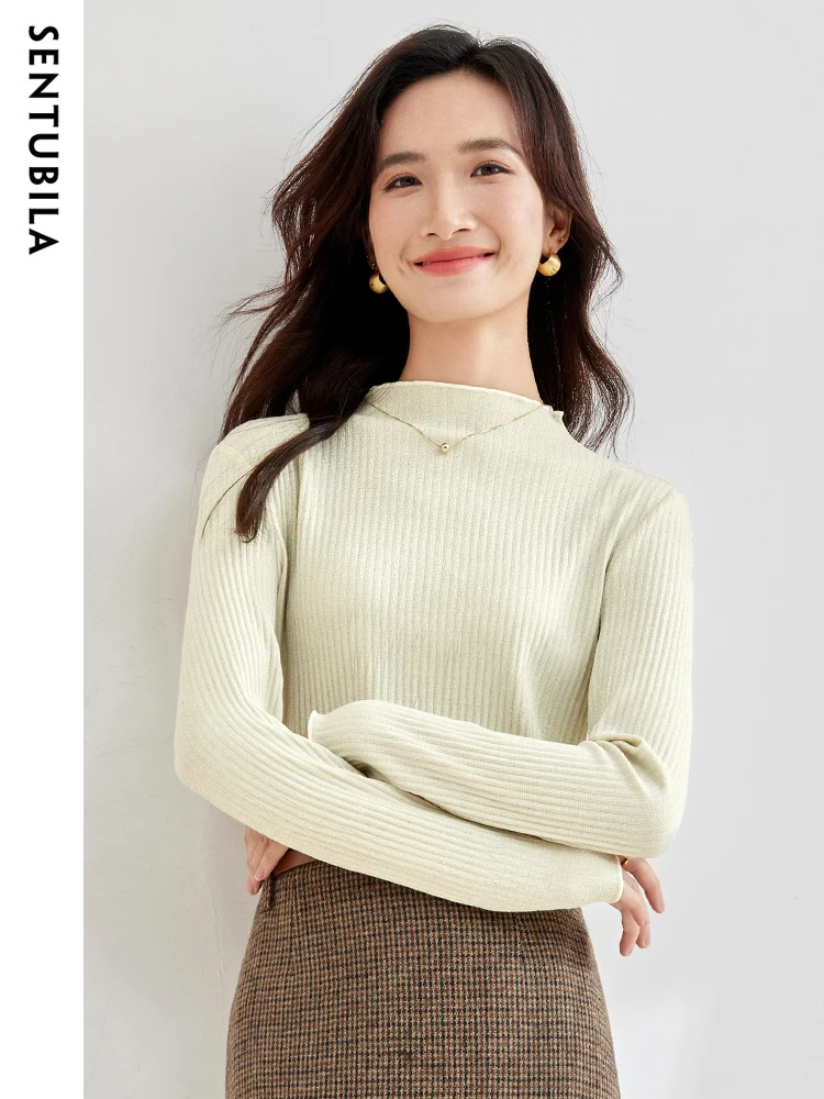 

SENTUBILA Knitted Long Sleeve T-Shirt Tops Women Mock Neck Sweater Woman Spring Autumn Simple Basic Bottoming Shirt 133T52324