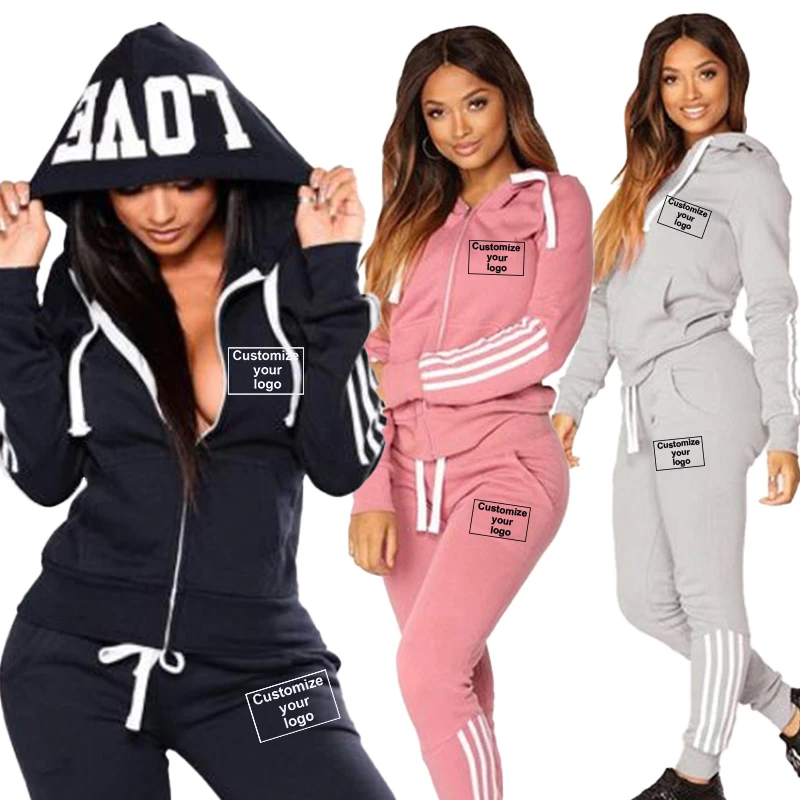 Новинка, женская спортивная одежда, комплект с вашим логотипом, полосатая толстовка с капюшоном и штаны, спортивный комплект, комплект для бега с логотипом на заказ