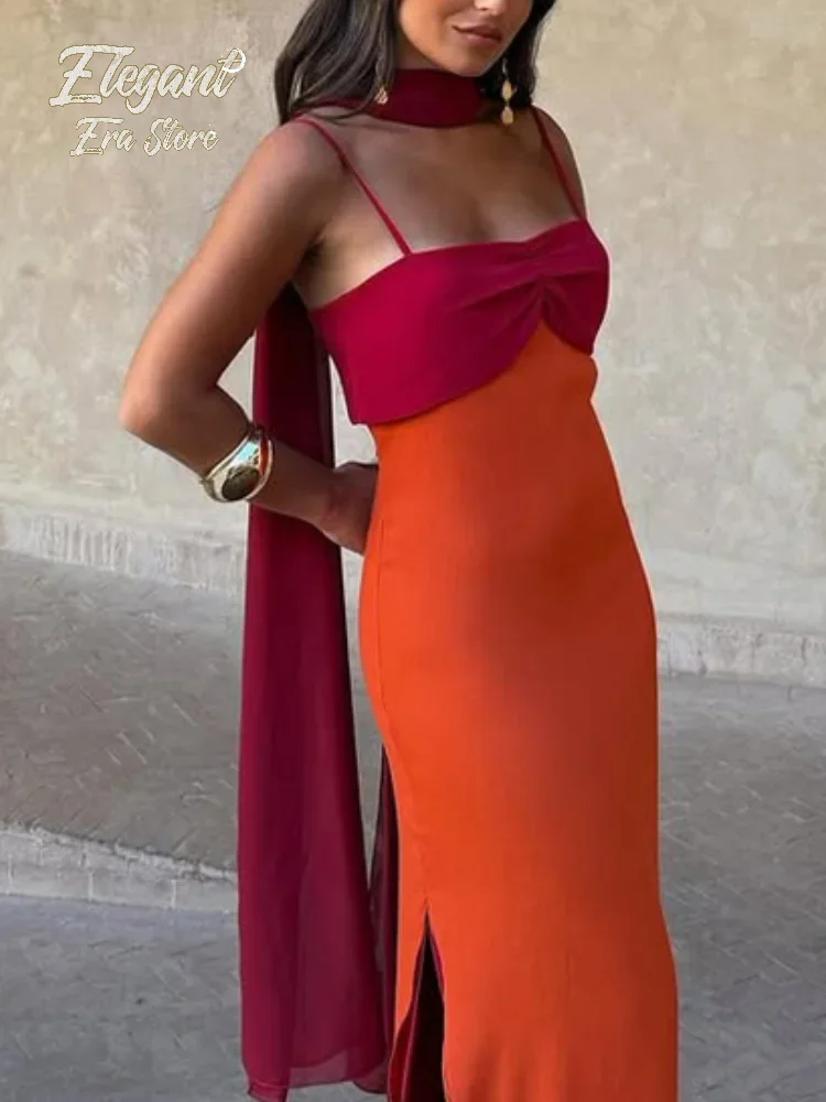Color Block Scarf Collar Maxi Dress with Sleeveless Bodycon Fit and Side Split — photo 1