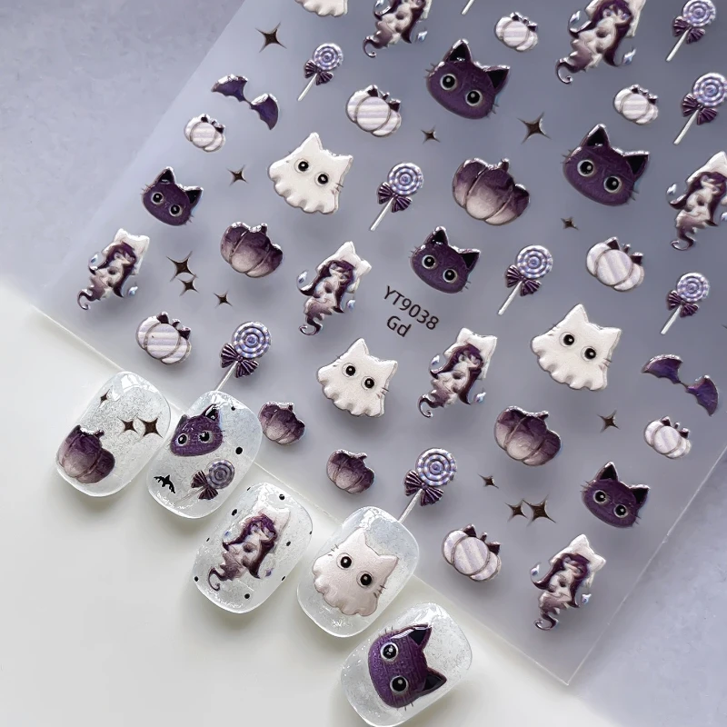 Kawai Autocollants adhésifs pour ongles en forme de chat, chaton noir fantôme, dégradé, citrouille, sucette, étoile, mignons, pour nail art et manucure 1