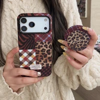 Autumn Winter Retro Leopard Print Grid Pattern Splicing With Holder Magnetic Phone Cover Case for iPhone 17 16 15 14 Pro Max