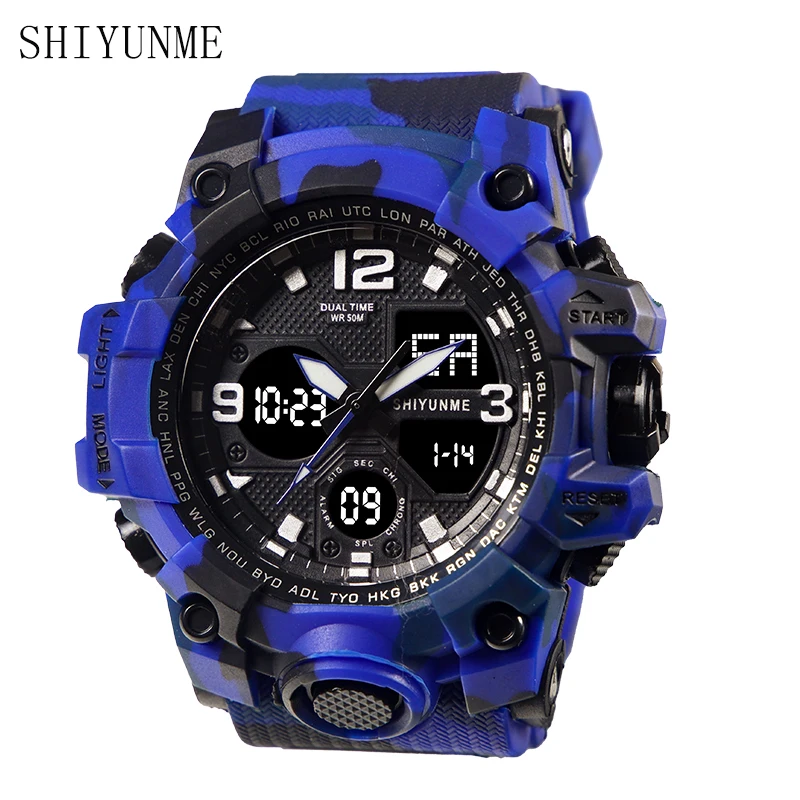 SHIYUNME Watch Men Military Sport Dual Time Display Digital Quartz Watches 50m Waterproof Auto Date Week Stopwatch часы reloj 