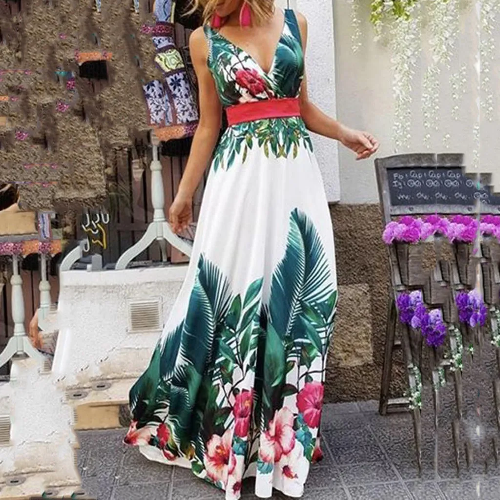 

Elegant Women Summer Floral Sleeveless Strap V neck Boho Dress Casual Long Maxi Evening Party Beach Bohemia Sling Dress Vestido