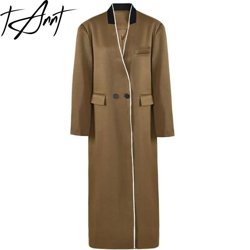 

TANNT Women Trench Coat V-Neck Double Breasted Long Windbreaker Black Dark Brown Fashion Vintage Winter Long Coats 2023 New
