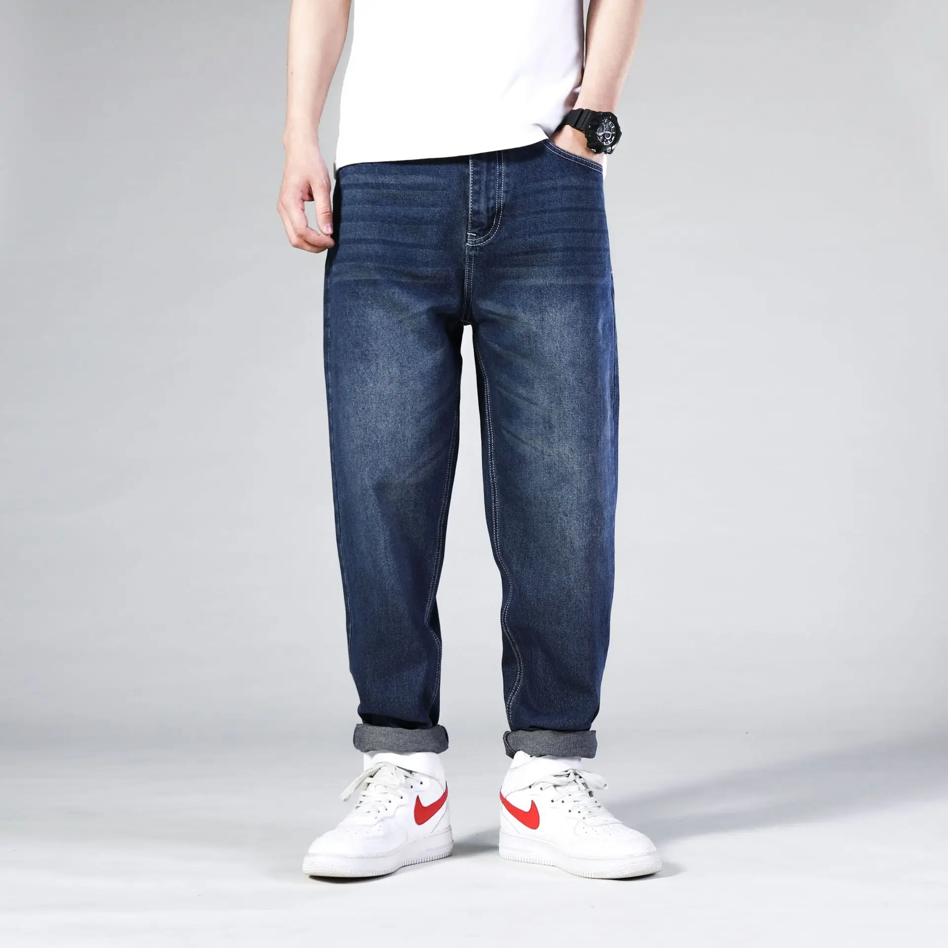 

2022 New Casual Light Blue Pants Streetwear Baggy Jeans Men's Fashion Hip Hop Straight Wide Leg Trousers