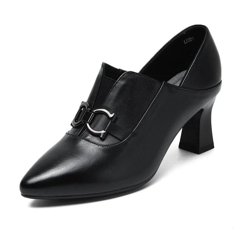 

High Quality Cowhide Pointed High-heeled Shoes Black Leather Women Shoes Mary Jane Shoes Soft Comfortable Metal Buckle Pumps