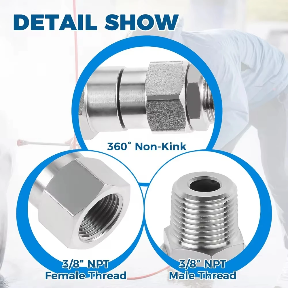Pressure Washer Swivel 3/8 NPT and M22 14mm Male Thread Fitting Stainless Steel 360° Kink Free Gun to Hose Fitting 4500 PSI 3