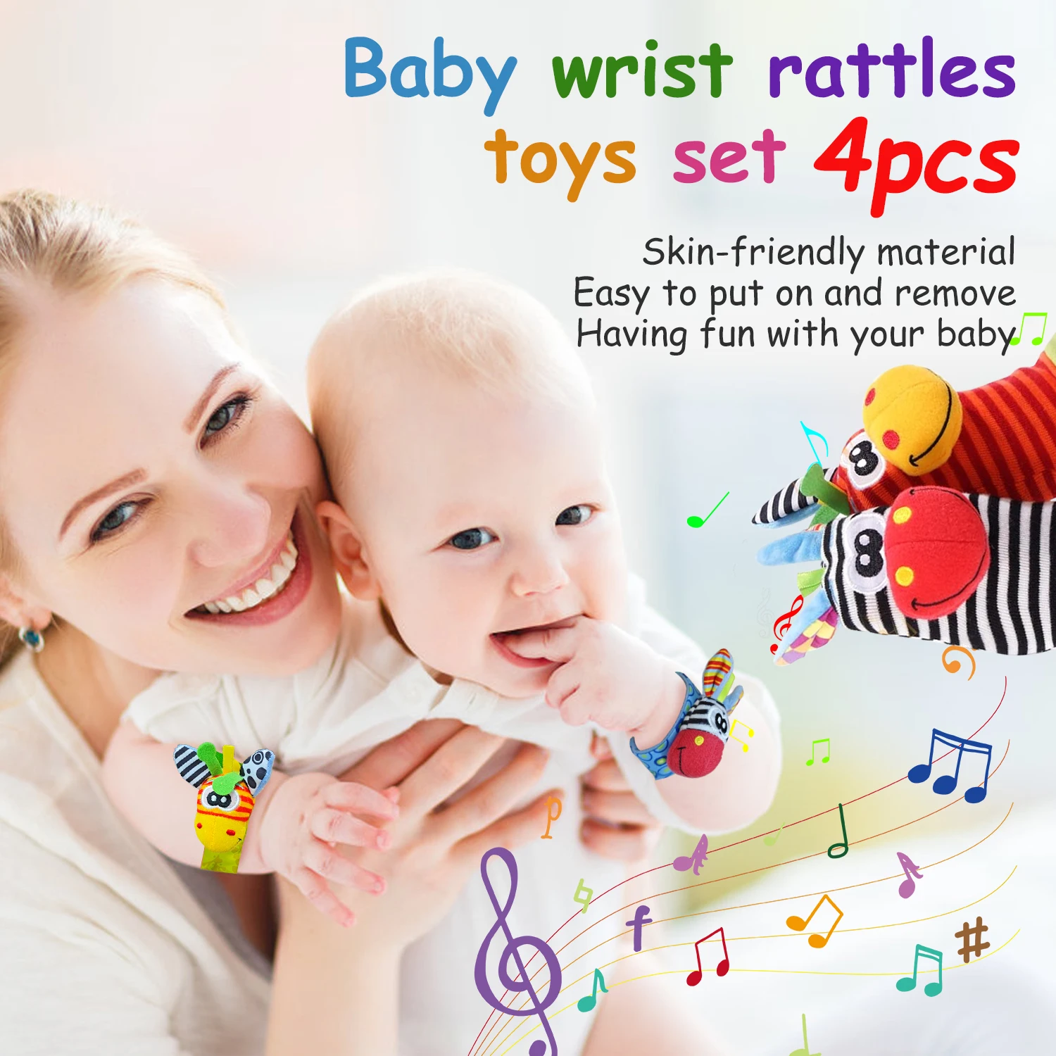 4PCS Baby Rattles Toys 0-12 Months Baby Toys Animal Socks Wrist Strap Sock Set Rattle Baby Foot Socks Sensory Toys for Babies 2