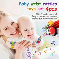4PCS Baby Rattles Toys 0-12 Months Baby Toys Animal Socks Wrist Strap Sock Set Rattle Baby Foot Socks Sensory Toys for Babies 2