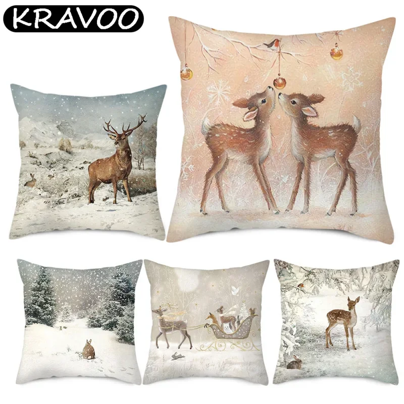 

Merry Christmas Pillowcase Xmas Deer Snow Forest Picture Cushion Cover For Home Sofa Decor Short Plush Pillow Case Funda Cojín