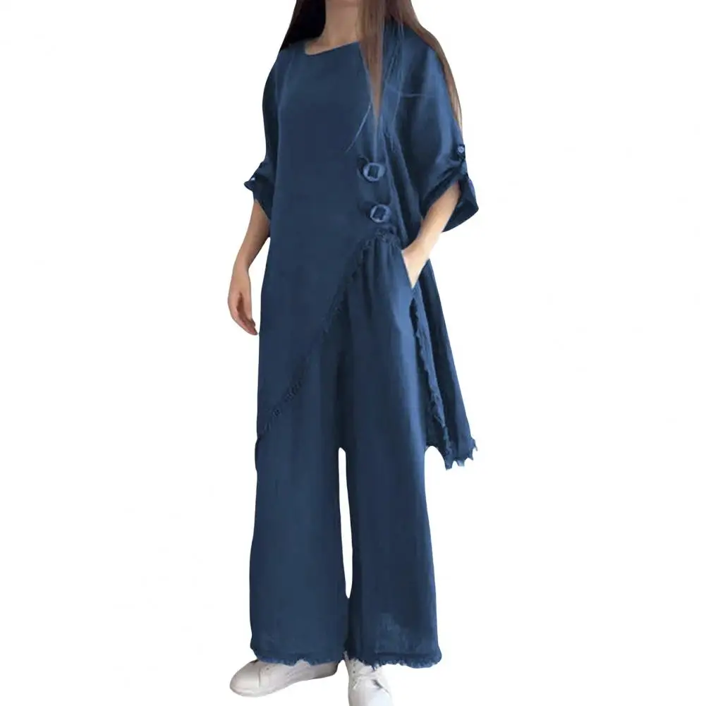 Lady Daily Clothes Stylish Women's Streetwear Trendy 2-piece Set with Split Hem Top Wide Leg Trousers Ripped Edge Details Women