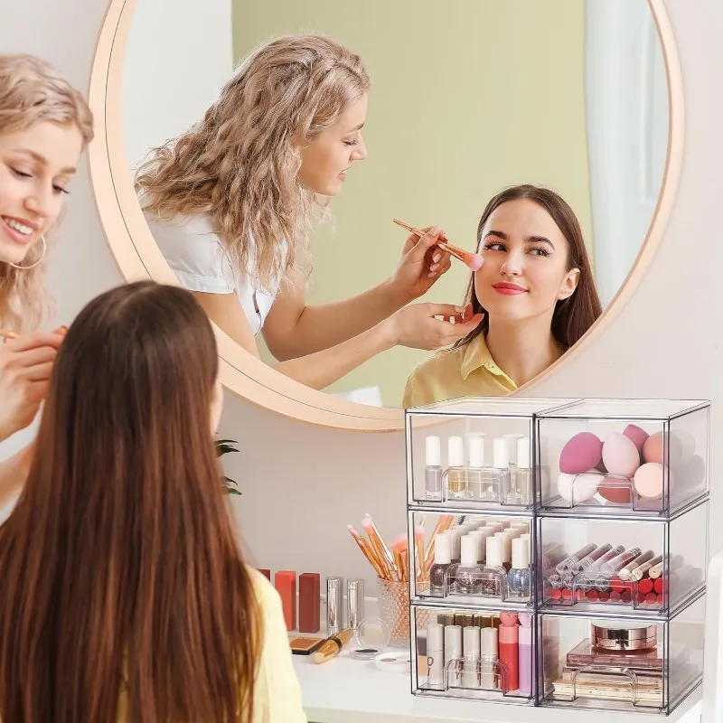 4 Pack Clear Stackable Storage Drawers, 4.4'' Tall Acrylic Bathroom Makeup Organizer,Plastic Storage Bins For Vanity 6