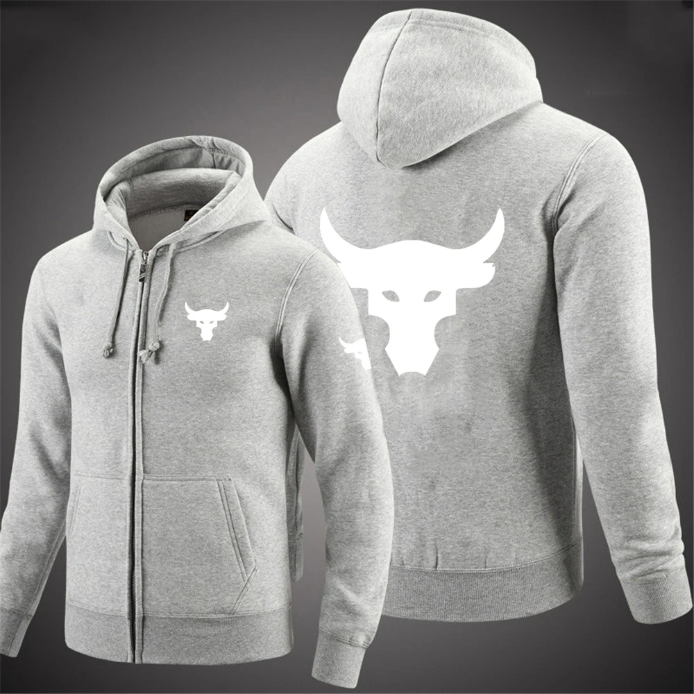thumbnail image 1 of 2024 Spring Autumn Men's Dwayne Johnson Brahma Bull Tattoo Logo Printed Classic Zipper Solid Color Sports Casual Loose Hoodies, 1 of 5