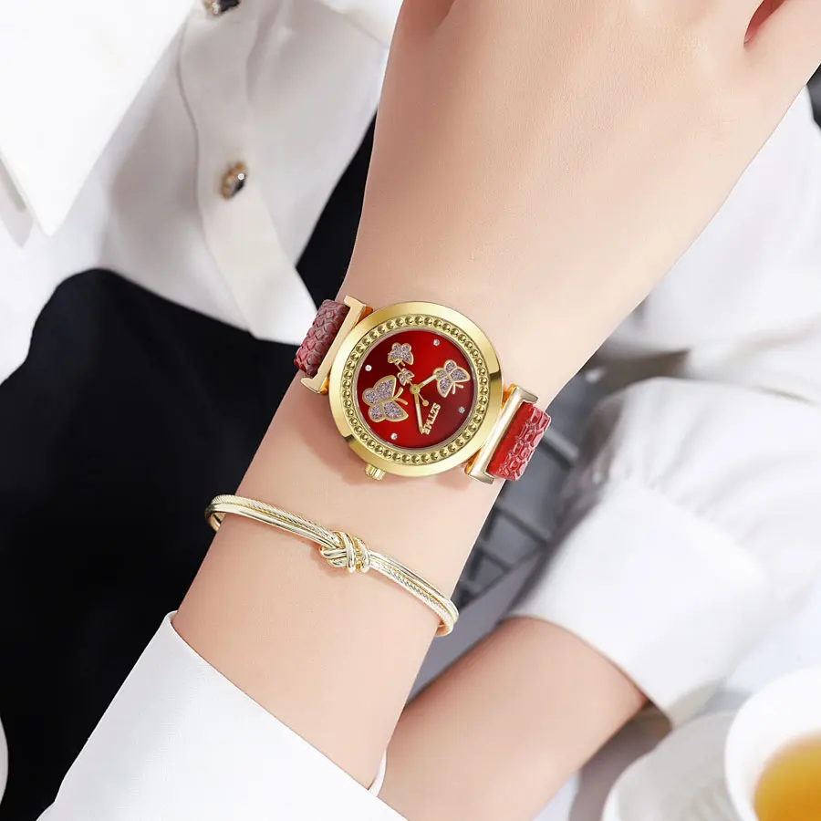 Fashionable Women's Gold Butterfly Diamond Quartz Watch Set