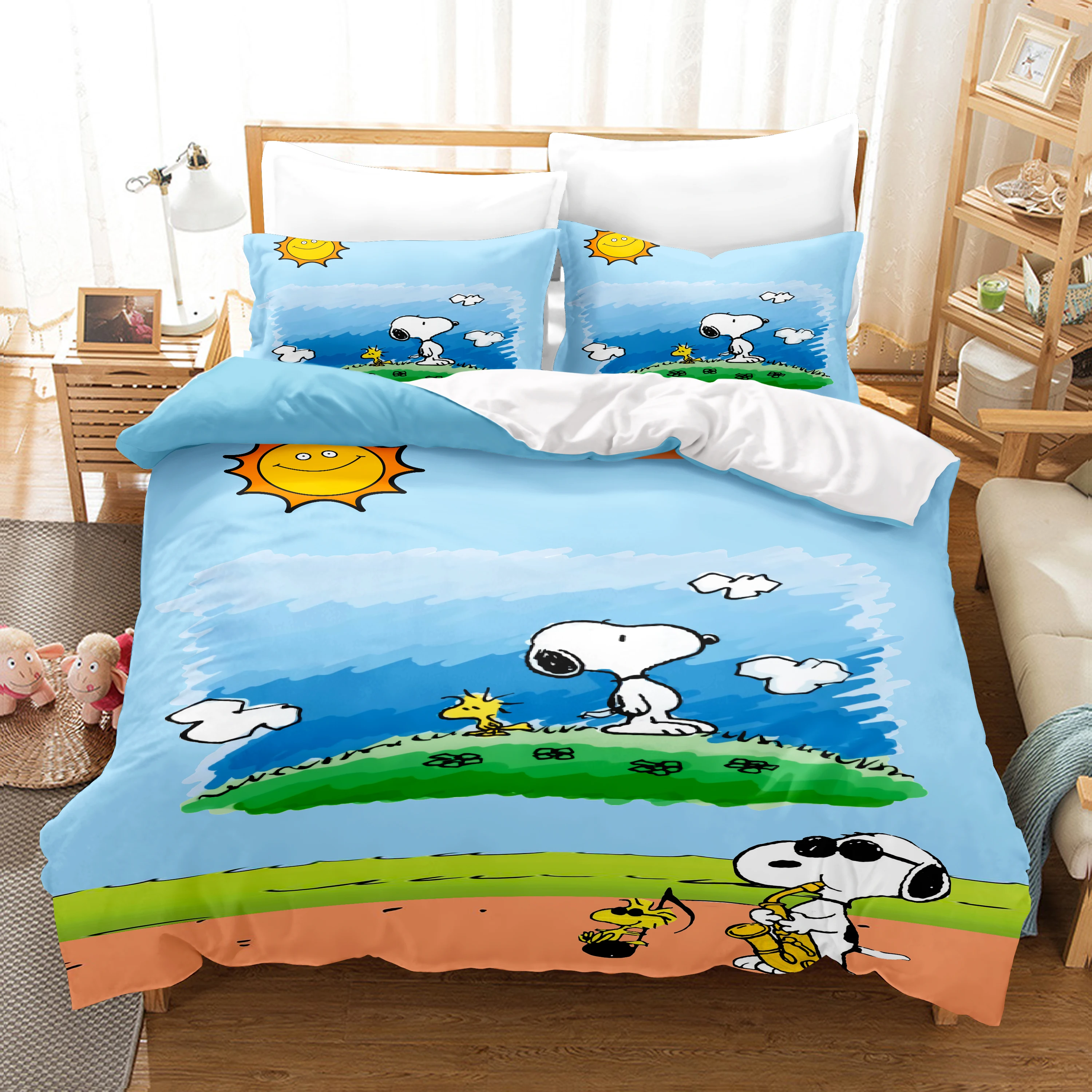 Snoopy Luxury Bedding Set Cute Printed Cartoon Quilt Cover Duvet Cover 3-Piece Set 1 Twin Covers
