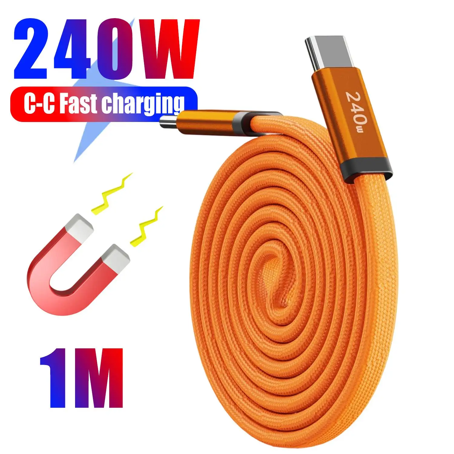 High-Speed 240W Magnetic USB-C Coiled Charging Cable - Durable Flat Nylon Cord