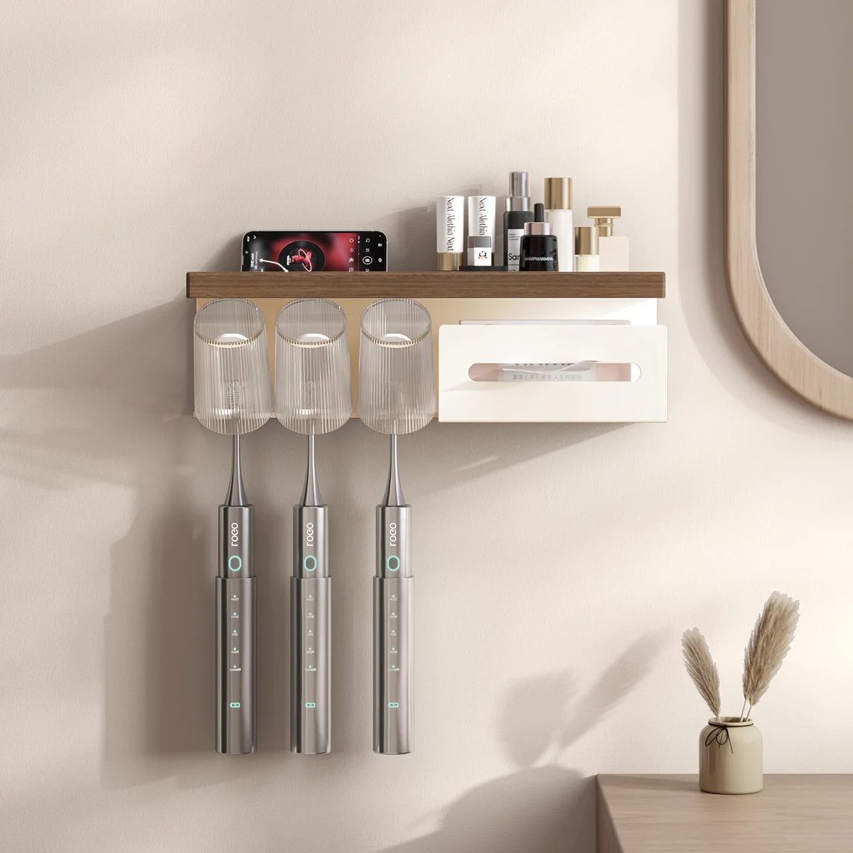 Cream Walnut Bathroom Shelf Toothbrush Tooth Cup Holder Wall Mounted Toothbrush Holder Multifunctional Paper Towel