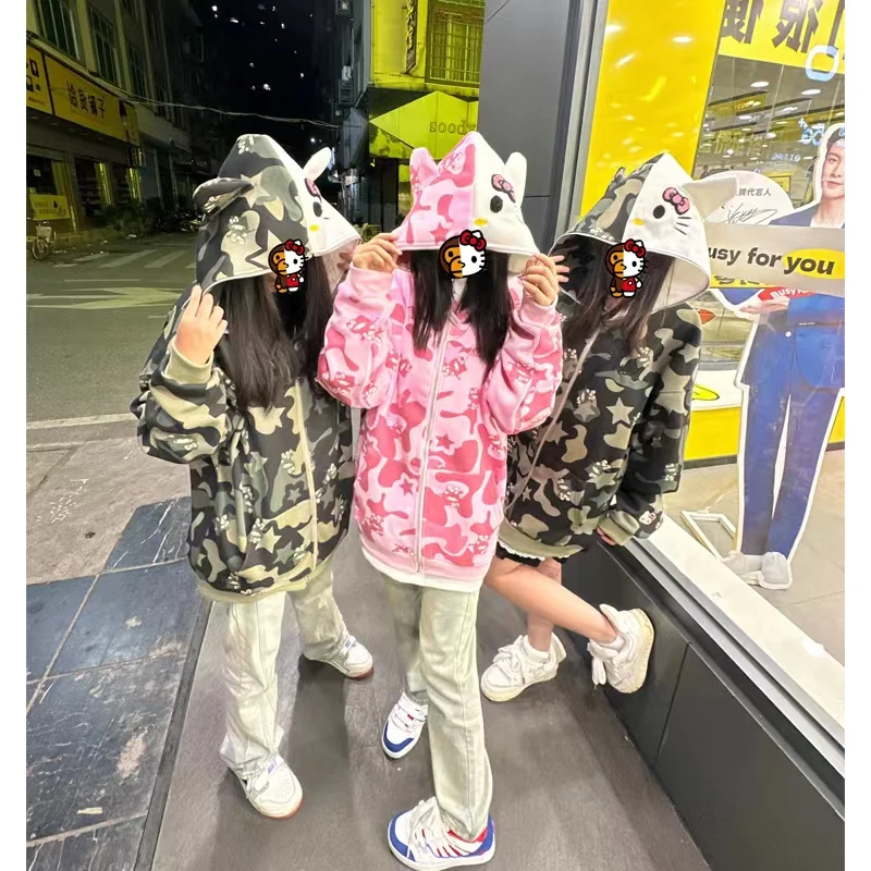 

Милый свободный бархатный свитшот с капюшоном в стиле HelloKittyed для девочек, Осень-зима