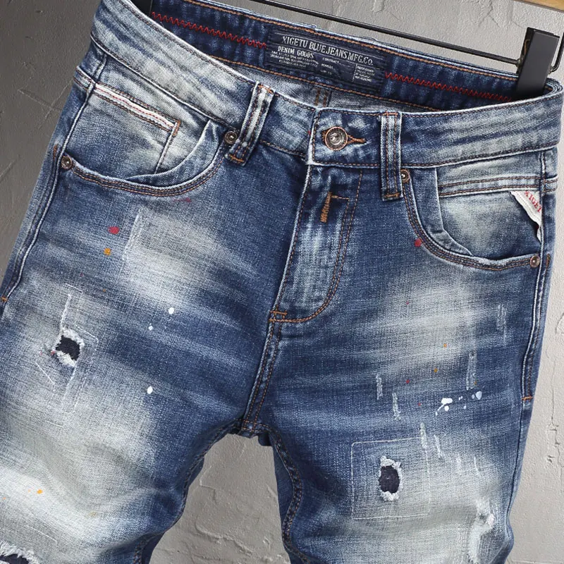 Fashion Designer Men Jeans High Quality Retro Washed Blue Painted Ripped Jeans Men Vintage Trousers Casual Denim Pants Hombre