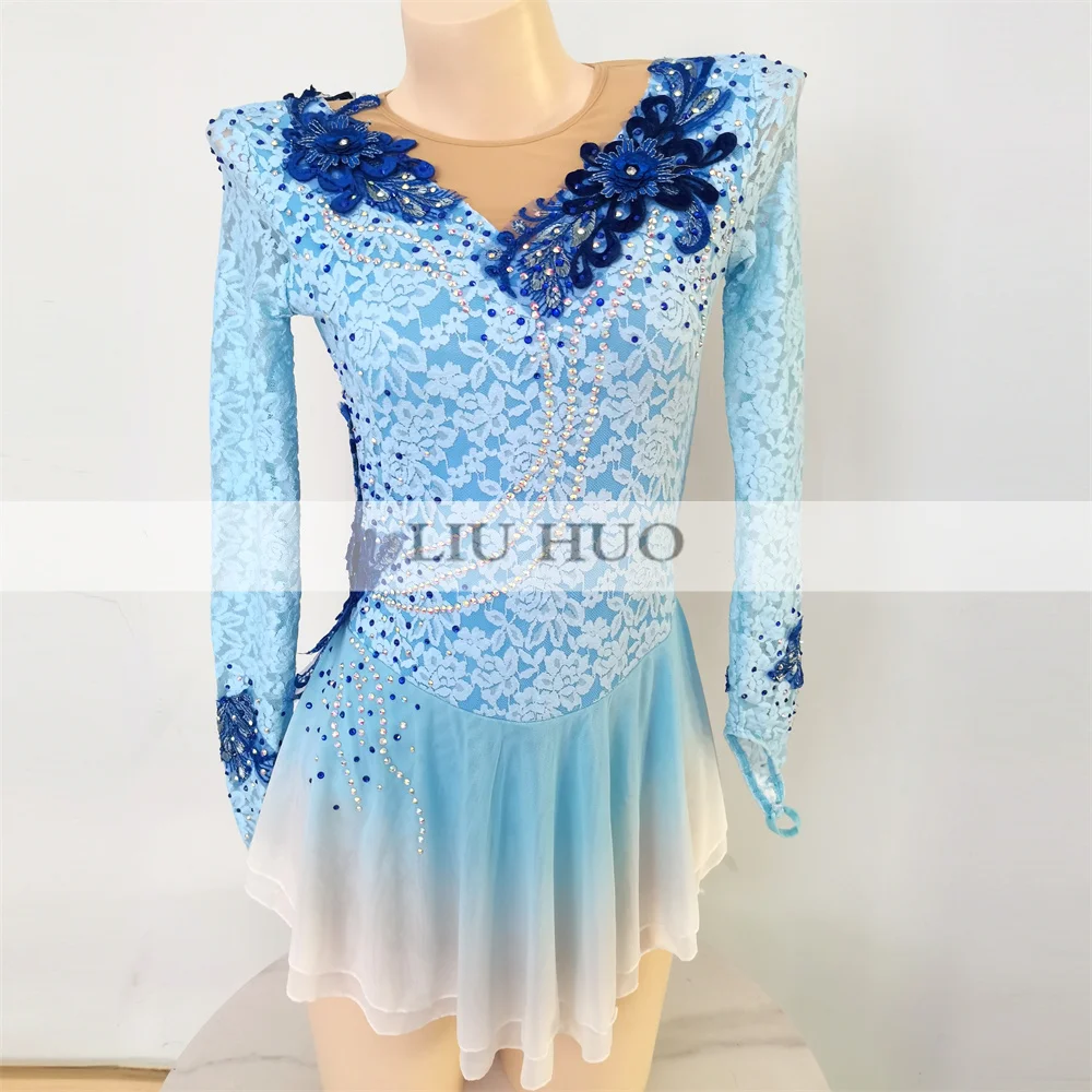 Children Costumes Ice Skating Costume Customize Kids Teens Roller Figure Skating Dress Women Girls Ice Performance Blue Competition Leotard