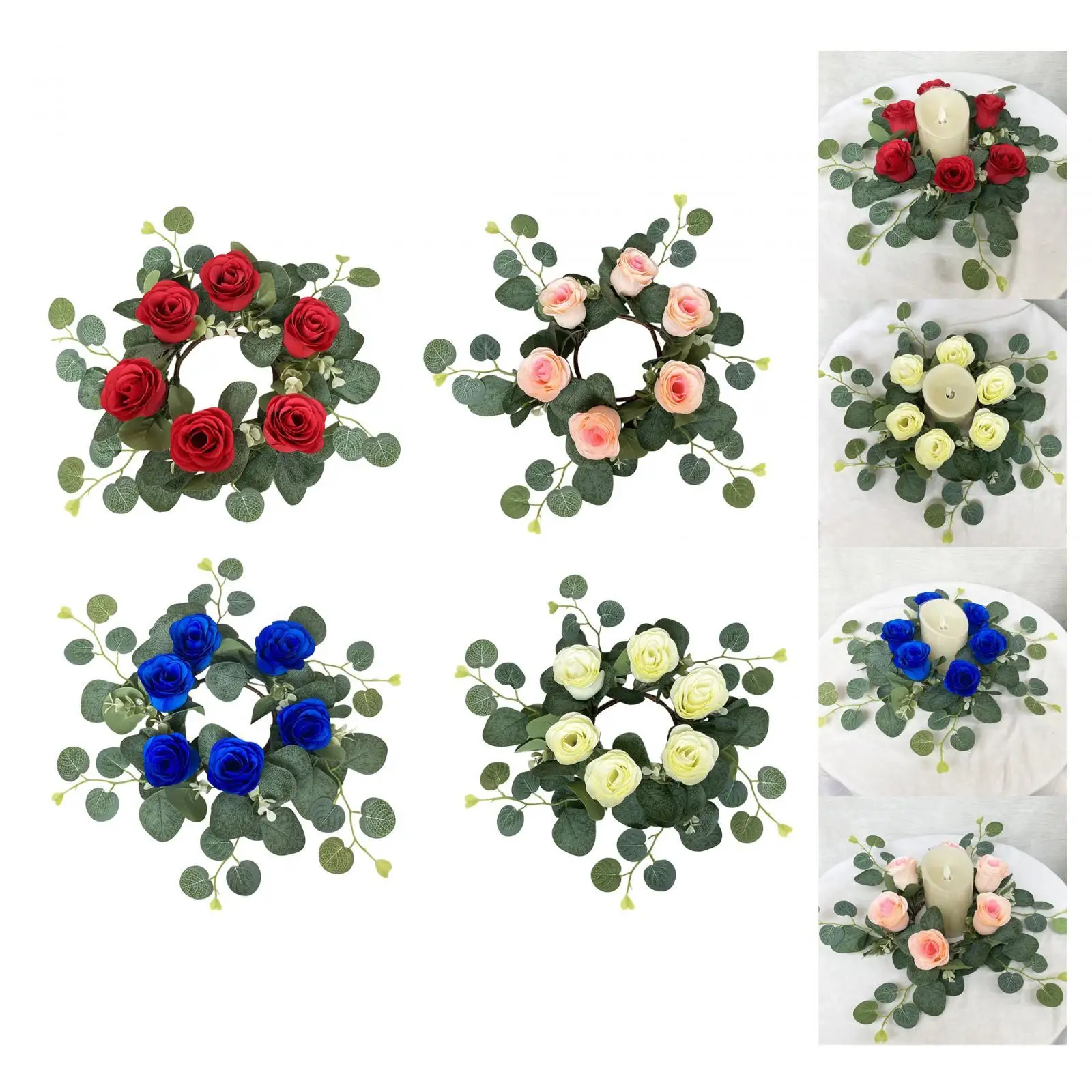 Artificial Rose Candle Ring Pillar Candle Ring Garland Pillar Candle Holder for