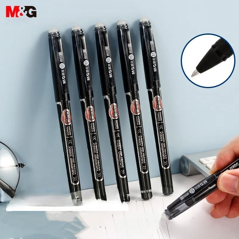 M&G 12 Pcs 지울 수있는 젤 펜 0.5 총알 팁 초등학생을위한 검정색 캡 오프 열 감지 마찰 펜 쓰기 도구