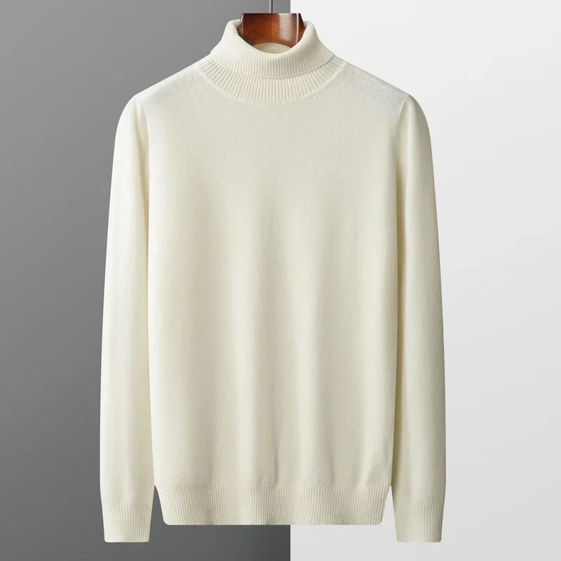 2023 Fall/Winter New 100% Wool Pullover Men's High Neck Cashmere Sweater Thick Warm Loose Solid Color Top  Mens Clothing