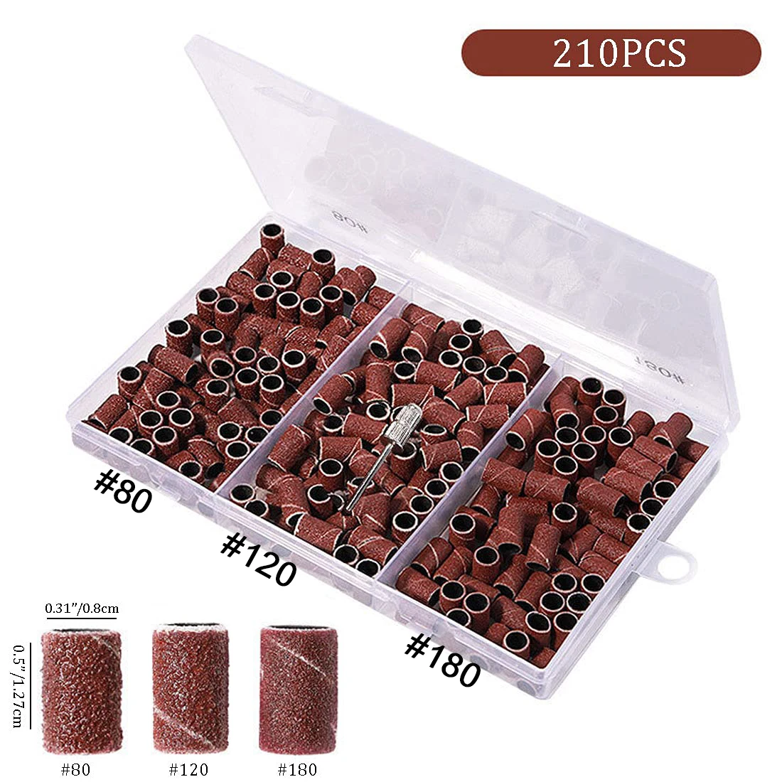 210pcs/Box Sanding Cap Bands for Electric Manicure Machine 180#/120#/80# Grit Nail Drill Grinding Bit Files Pedicure Tool Set