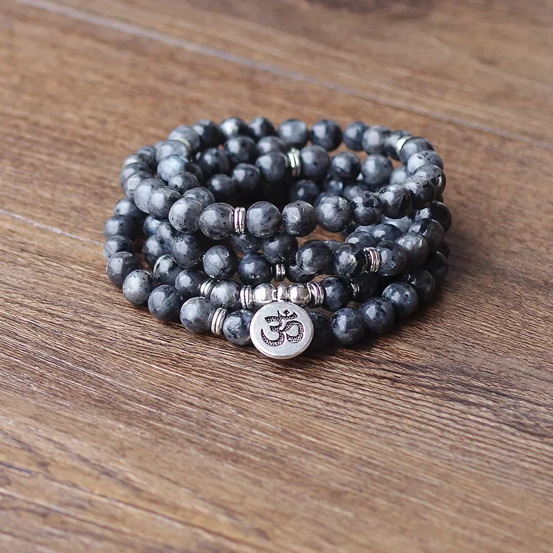 Mala Labradorite Beads Lotus OM Buddha Charm Yoga Bracelet or Necklace Natural Stone for Women Men 108