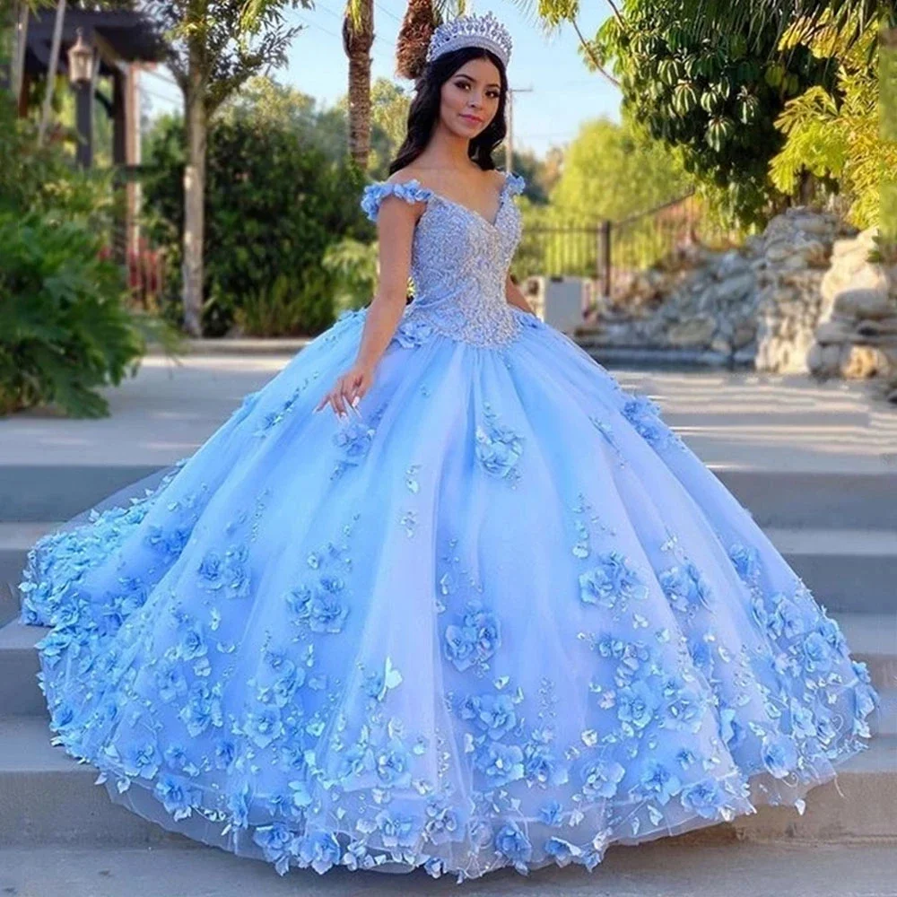 

ANGELSBRIDEP Blue Ball Gown Quinceanera Dresses For 15 Years Old Party 3D Flower Cinderella 16 Birthday Princess Formal Dresses