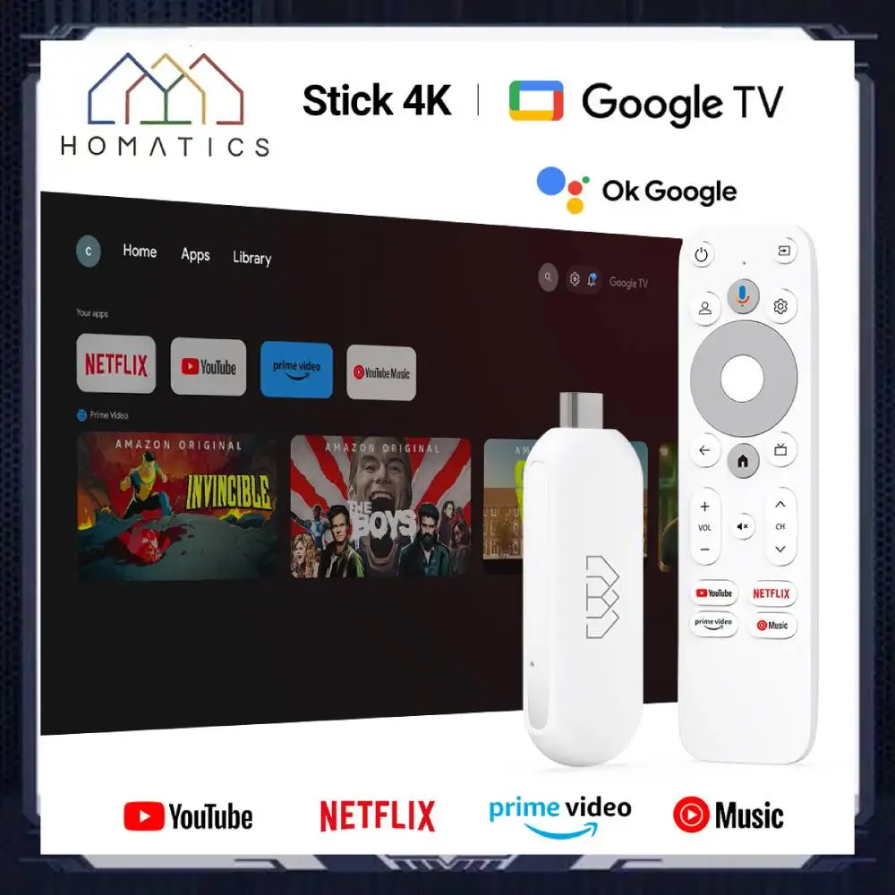 Netflix Google Certified Amlogic S905Y4 Google 12.0 TV Stick HOMATICS 4K TV BOX H.265 2T2R Wifi Support Dolby Atmos AV1 2GB 32GB