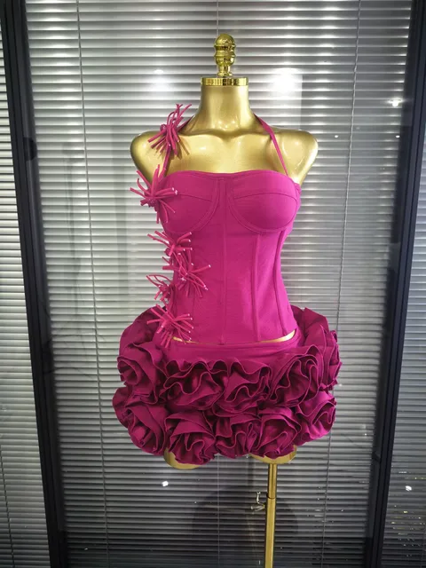Rouge noir femmes Sexy licou pleine fleurs 2 pièces moulante Mini robe de pansement célébrer discothèque fête d'anniversaire tenue