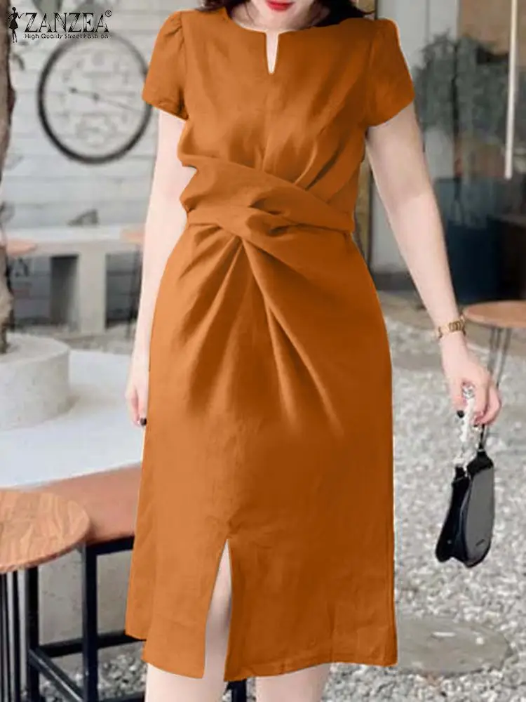 

ZANZEA 2023 Fashion Puff Short Sleeve Dresses Vintage Solid Midi Dress Women Summer Casual Twist Robe Elegant Round Neck Vestido