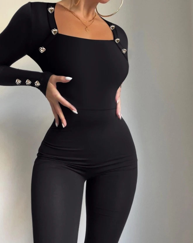 Heart Shaped Pants with Button Decoration Jumpsuit, New Hot Selling Fashion Casual Square Neck Tight Autumn and Winter Pants women s pants 2023 new hot selling fashion long sleeve cold shoulder tight decoration chain jumpsuit