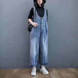 Denim Jumpsuits for Women Summer Oversized Solid Playsuits Loose High Waist Wide Leg Pants Overalls for Women Clothes One-pieces