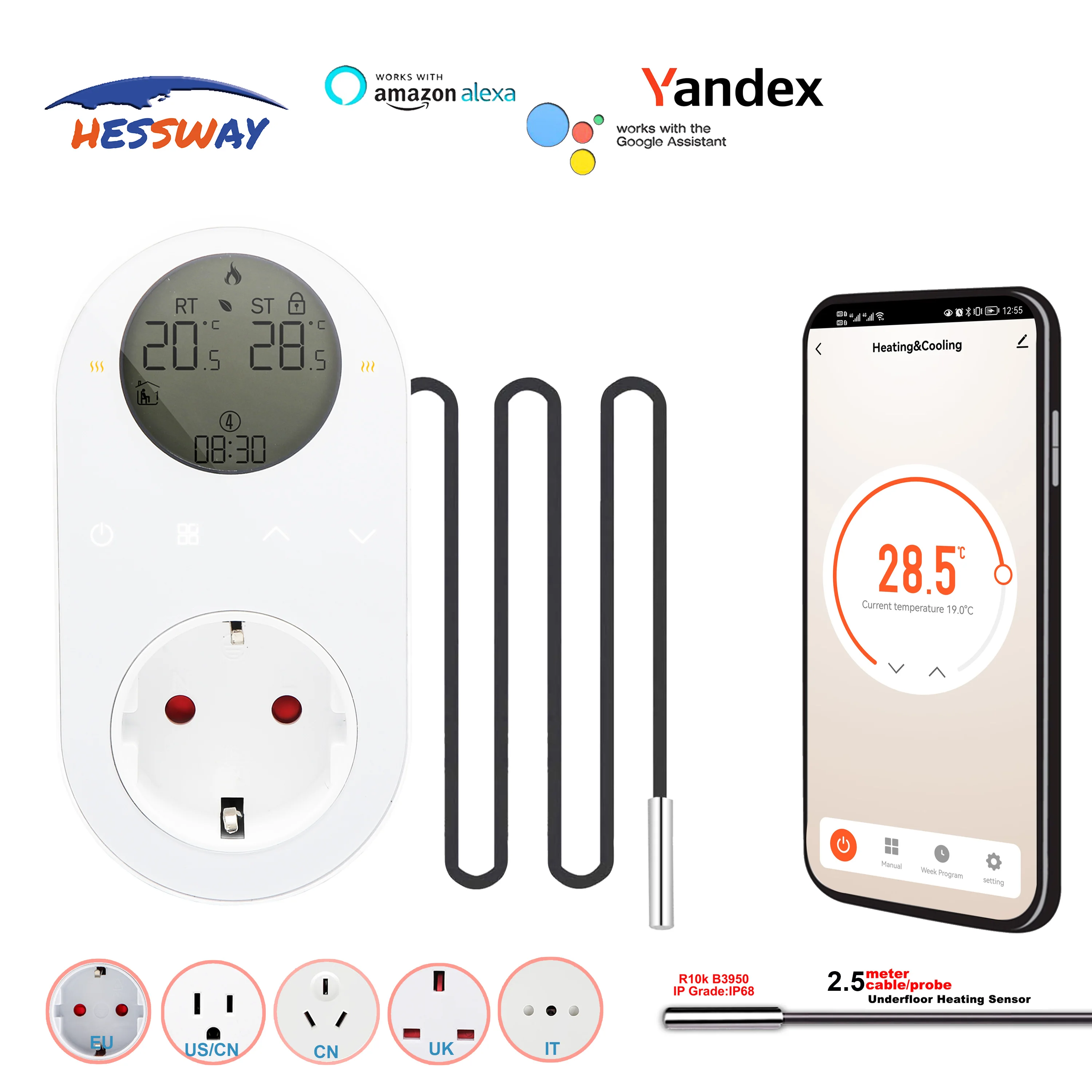 EU 에너지 절약 온도 조절 난방 케이블 온도 조절기 플러그 인 16A 4KW, 알렉사 구글 홈 Yandex LED/LCD 쇼와 함께 작동