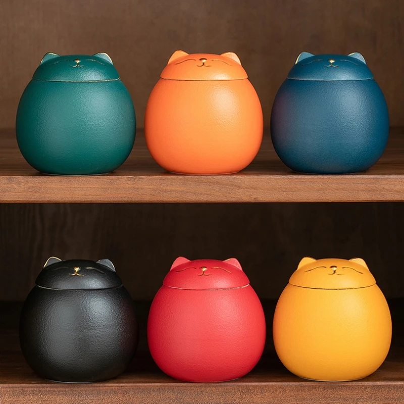 230ML Tea Storage Jar Cute Pets Gradient Color Ceramics Jar Cat Tea Can Moisture Proof Household for Candy Sealed Storage Box tea canister ceramic storage jar