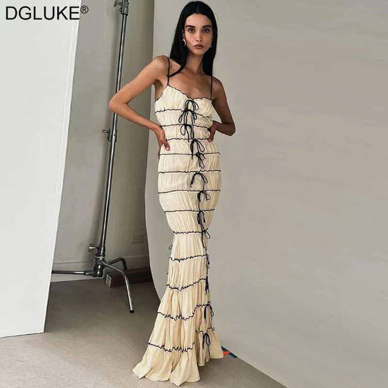 

Женское Плиссированное длинное платье на бретелях-спагетти, облегающее летнее платье макси на шнуровке, модель 2024
