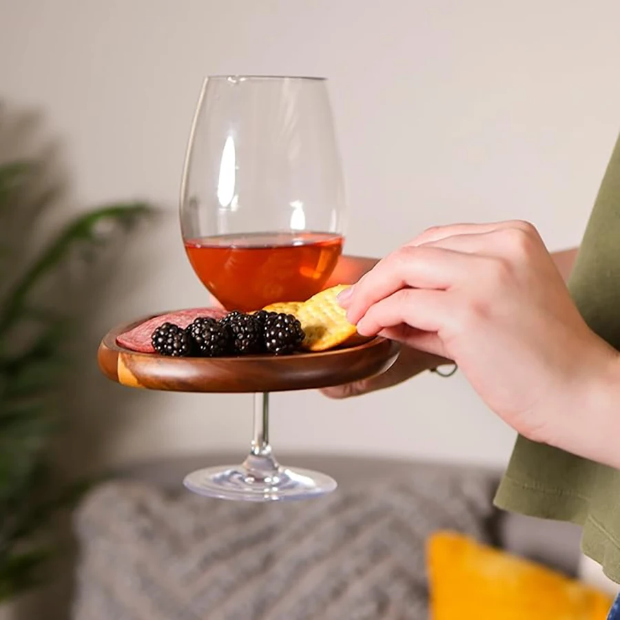 Wood Appetizer Plates Set of 4 Acacia Wood Appetizer Plates Wooden Cocktail Appetizer Plates with Wine Glass Holder Cheese Board 5