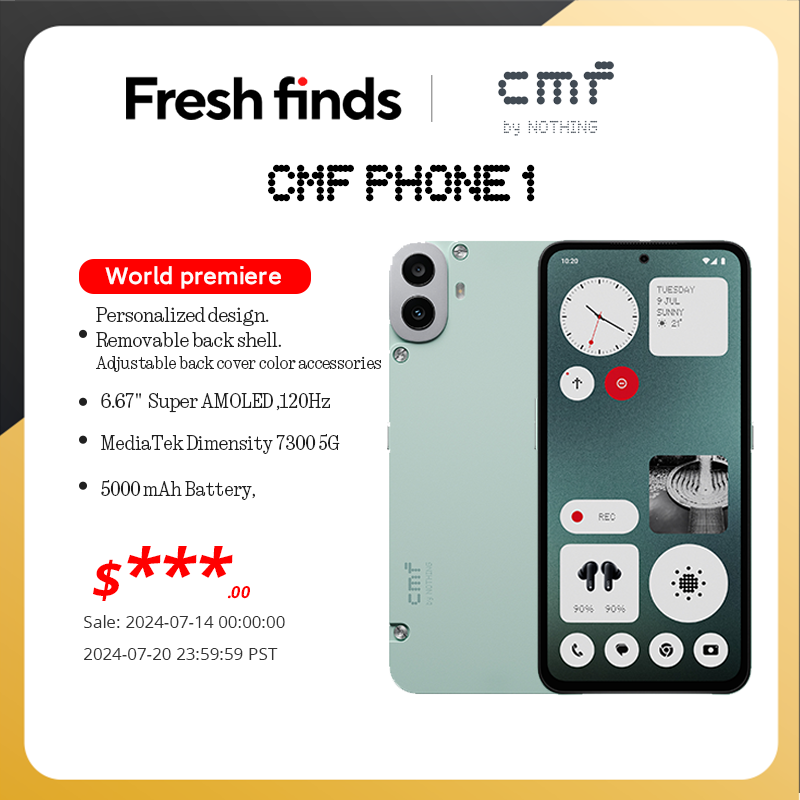 Global Version CMF Phone 1 6.67” AMOLED display 120Hz Mediatek Dimensity 7300 50MP 5,000 mAh IP52 33W fast charging Phone1