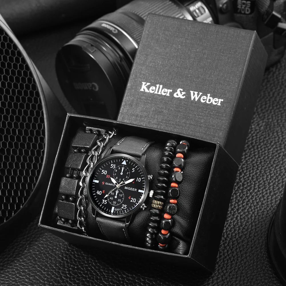 Watch for Men Business Casual Wristwatch Quartz Movement Leather Belt Clock Wooden Bracelet Set Gifts Man Husband Montre Homme