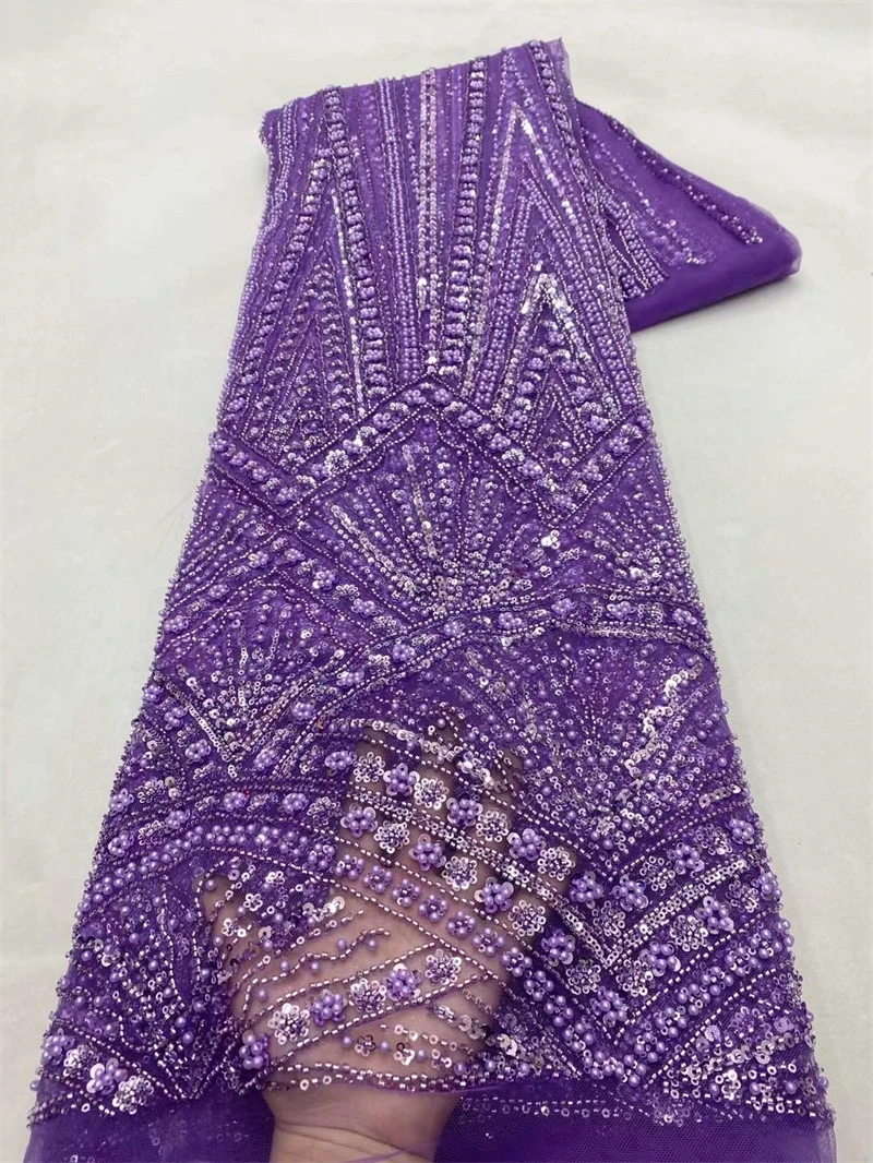 

Heavy Sequins African Lace Fabric 2024 French Embroidery High Quality Luxury Heavy Beaded Bridal Wedding Purple Lace