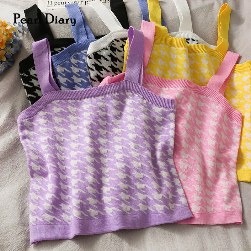 

Liba Sin Women Knitted Crop Tops Houndstooth Strappy Tops Summer Slim Fit Cute Tank Tops Streetwear Check Vintage Tops