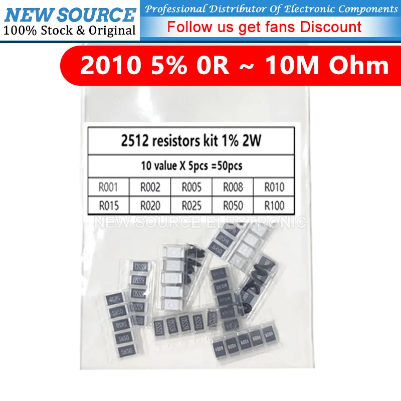 

50PCS Set of Resistance 2512 SMD 2W 1% Alloy Resistor Samples Kit 10 KindX5pcs R001 R002 R005 R008 R010 R015 R020 R025 R050 R100