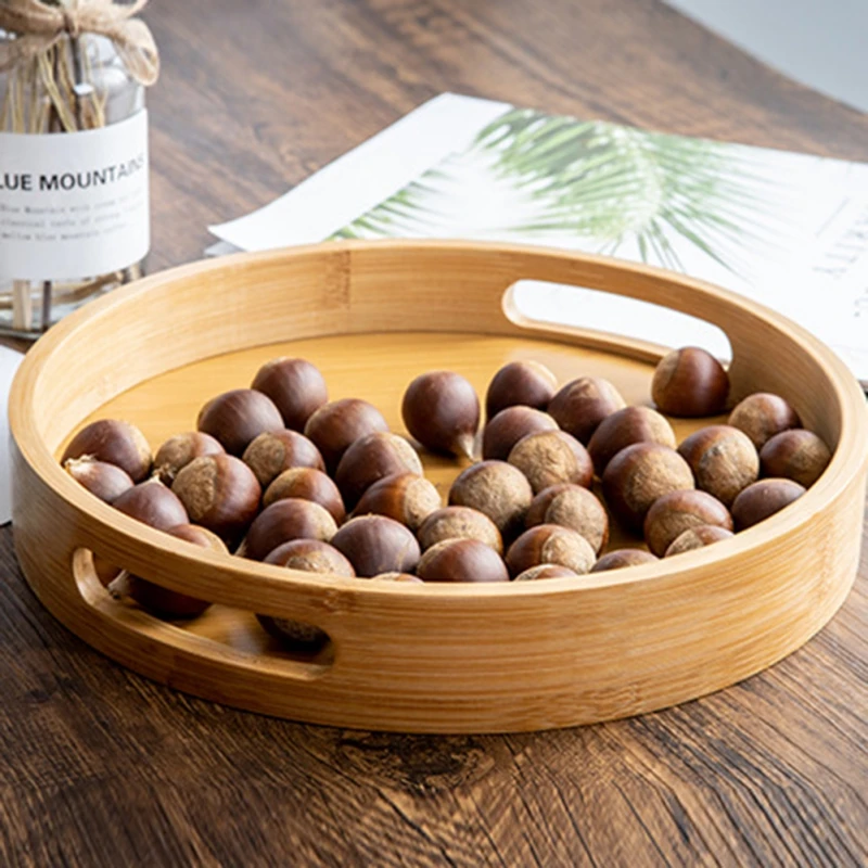 Wooden Round Serving Tray With Handles 3-Pcs Set