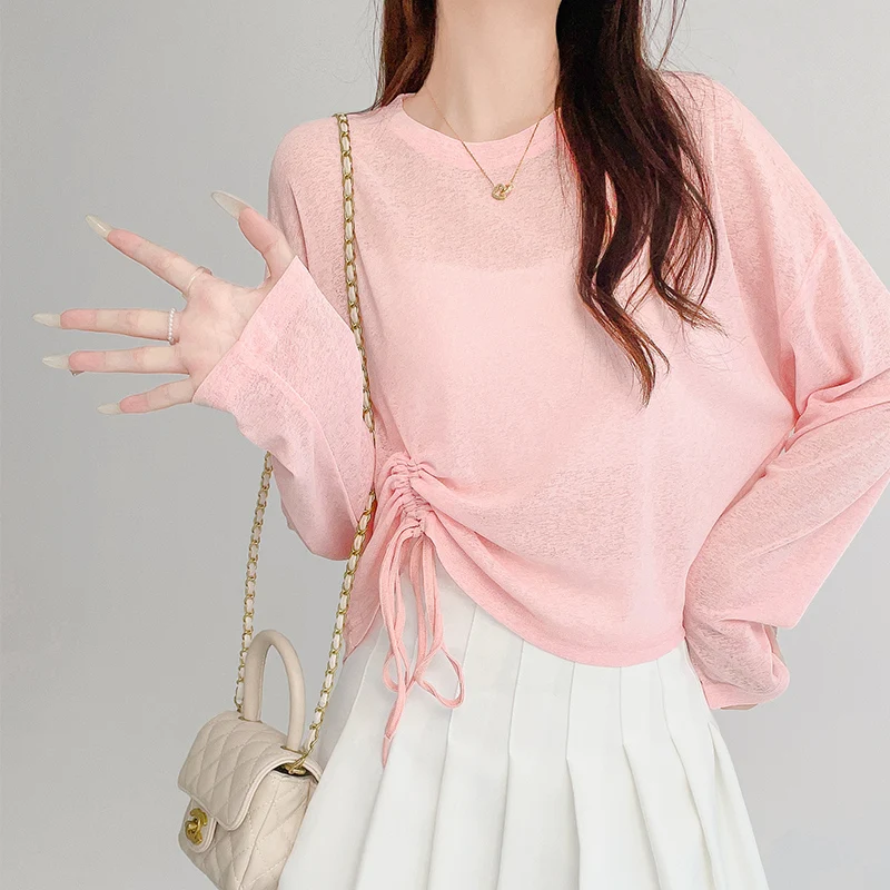 2023 Summer Women Golf Sunscreen with long sleeves and ultra-thin ice silk bottoming shirt and round neck turtleneck top